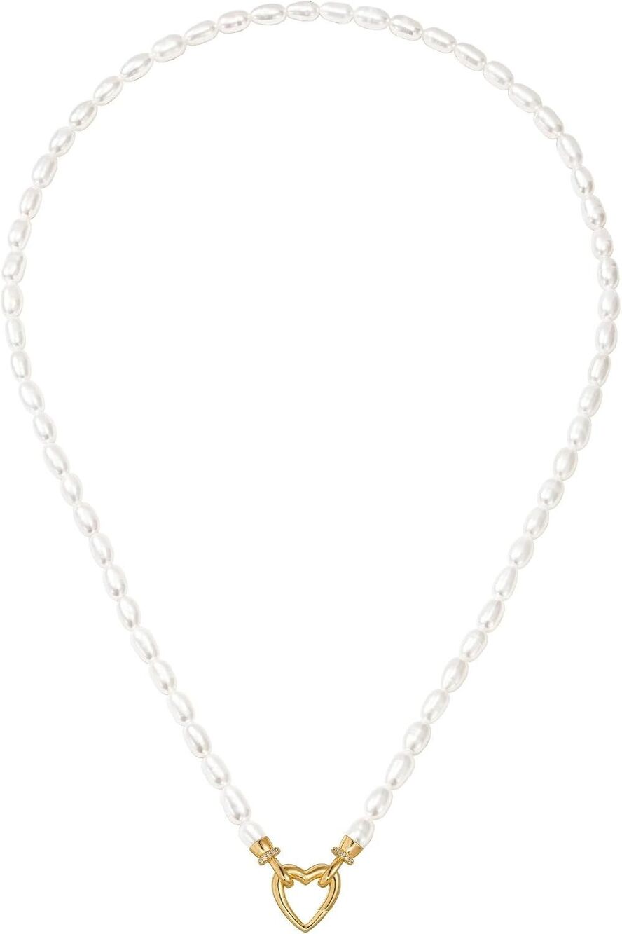 Freshwater Pearl Beaded Necklace 14K Gold Plated Heart Clasp 16.5 Inch Women